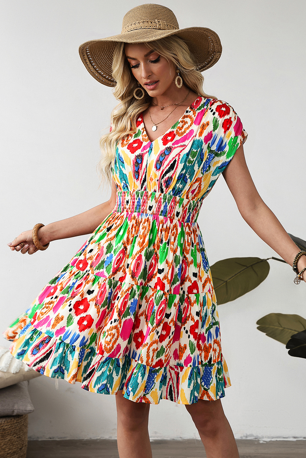 Sky Blue Abstract Print V Neck Dolman Sleeve Ruffle Tiered Mini Dress for Women - Detail View 5