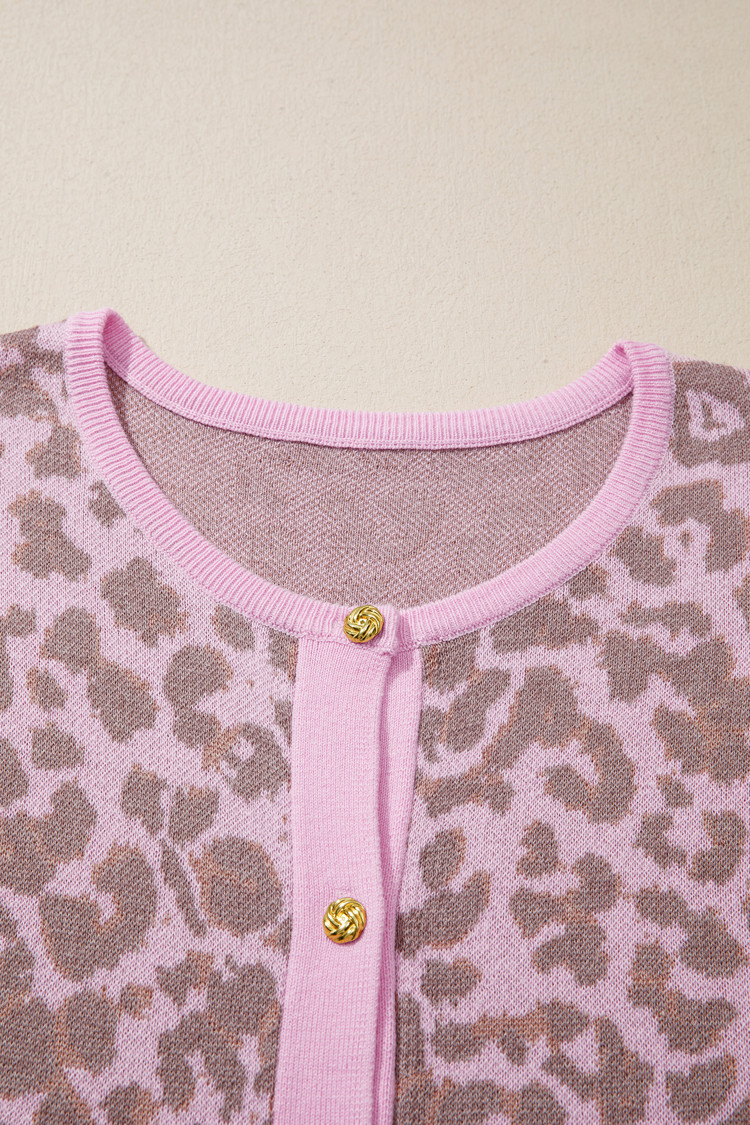 Women's Pink Leopard Button Down Short Sleeve Sweater Cardigan – Casual Knit Top for Daily Wear - Detail View 10