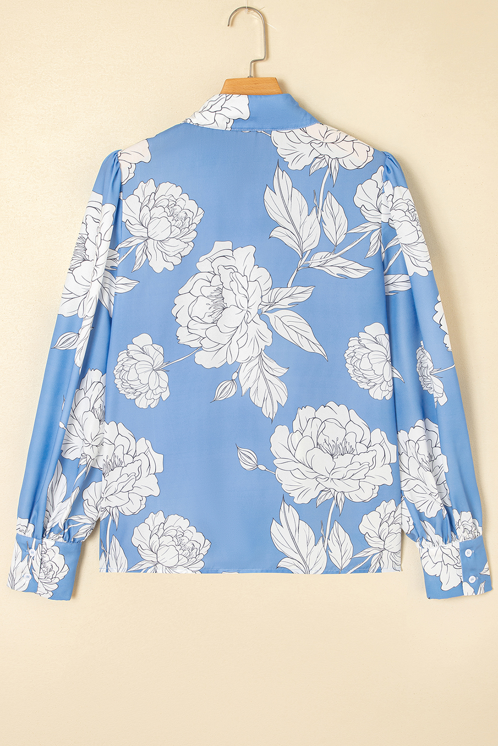 Elegant Long Sleeve Sky Blue Floral Shirt - Relaxed Fit with Puff Sleeves - Detail View 6