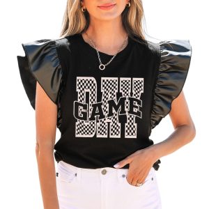 Women's Black GAME DAY Checkered Letter Graphic Ruffle Sleeve Top - Main View