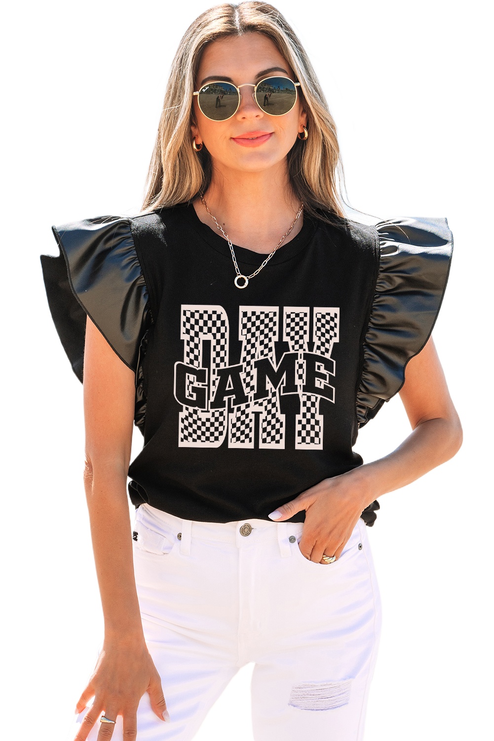 Women's Black GAME DAY Checkered Letter Graphic Ruffle Sleeve Top - Main View