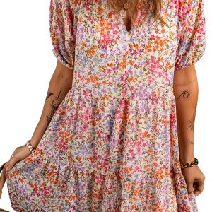 Elegant Red Floral Puff Sleeve Notched V Neck Tiered Mini Dress for Women - Main View