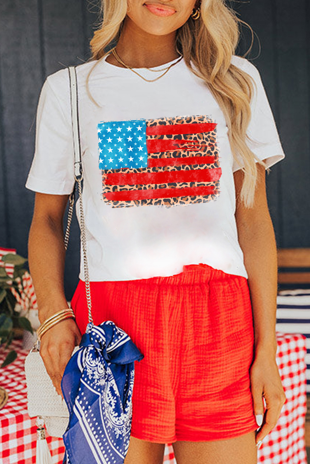 Women's White Leopard Insert American Flag Graphic T-Shirt - Casual Summer Tee - Detail View 5