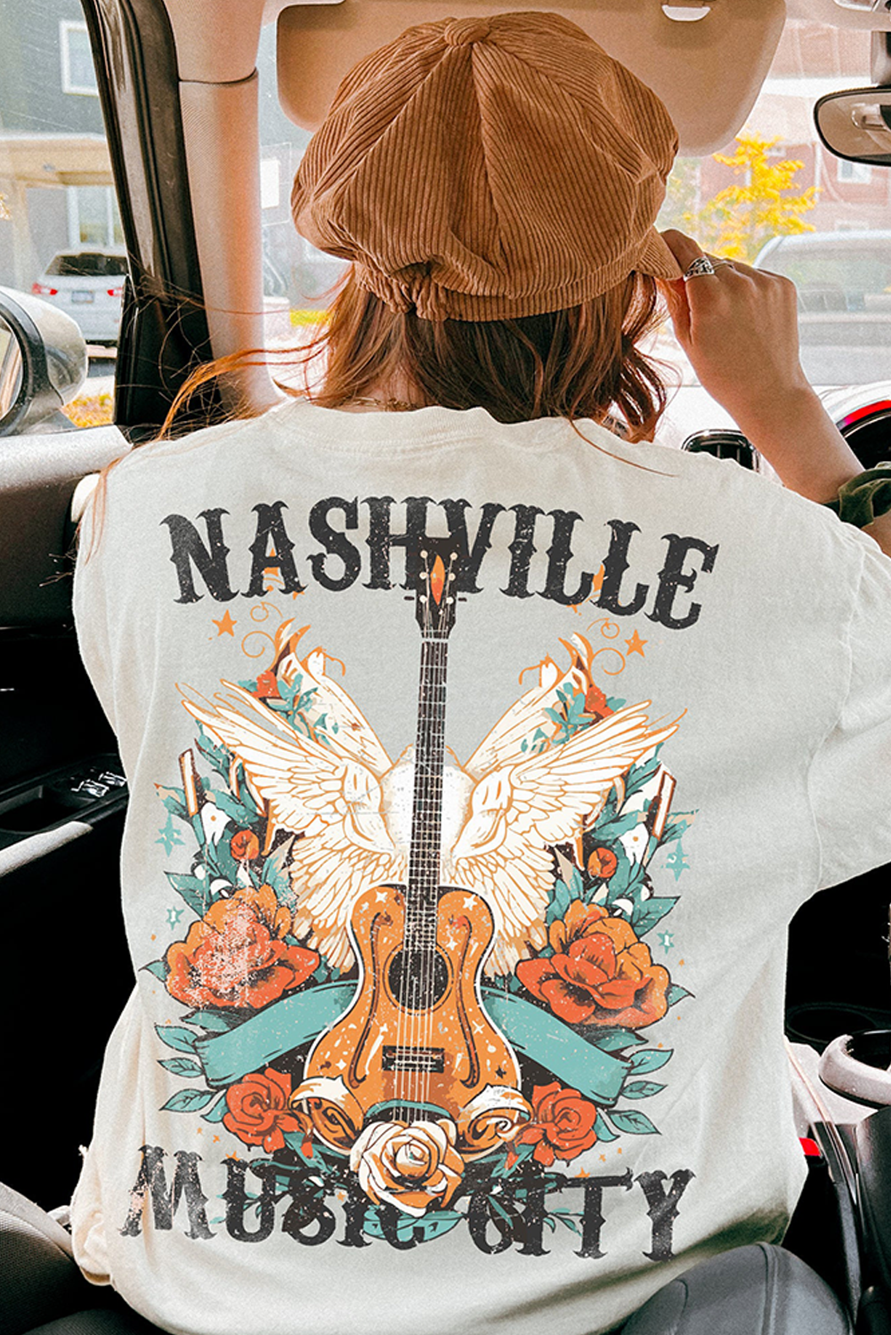 Women's White Nashville Music City Guitar Wings Graphic Tee - Detail View 5