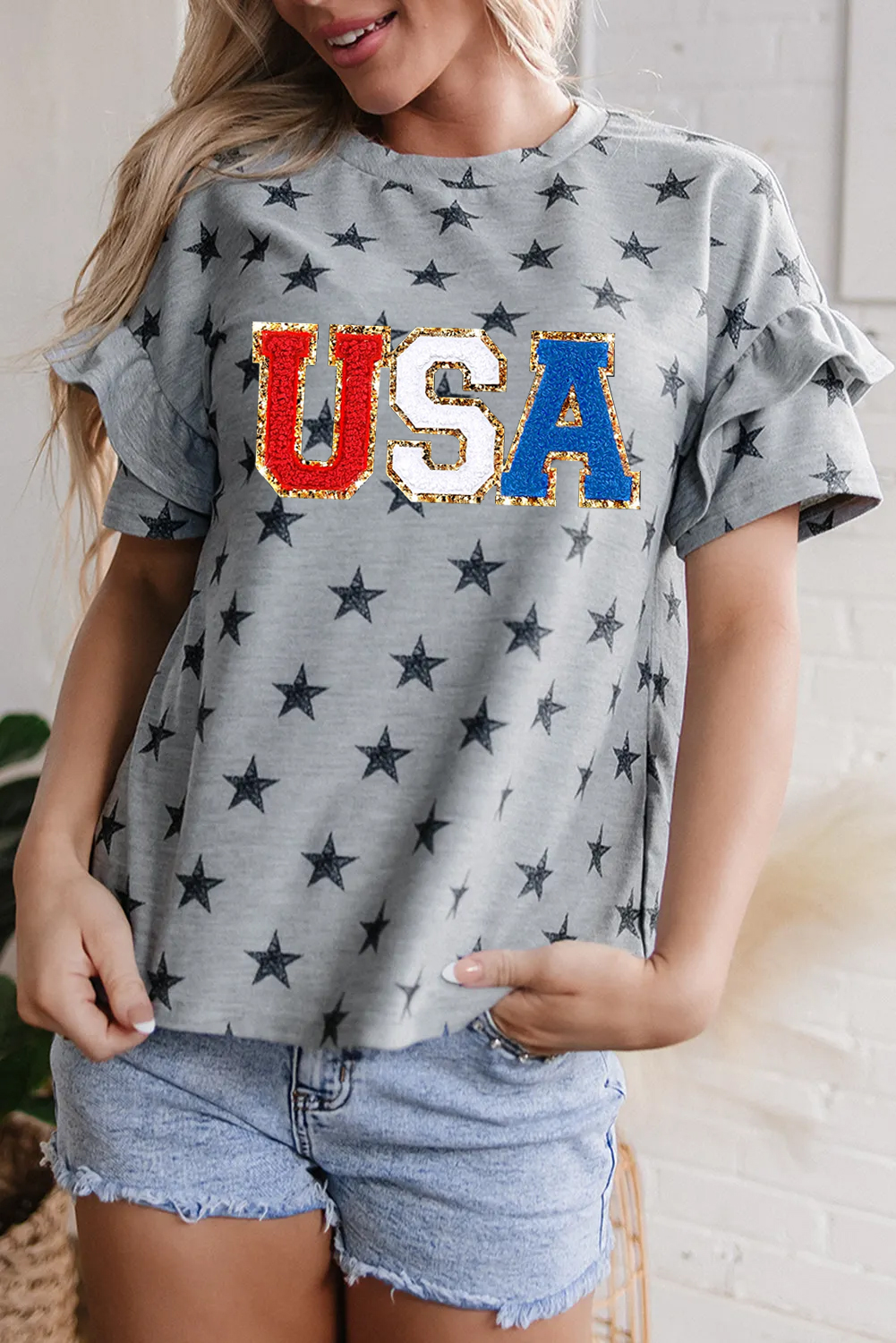 Women's Graphic Tee, Gray T-Shirt, USA Letter, Star Print, Ruffle Sleeves, Casual Style, Summer Fashion, Patriotic Shirt, Daily Wear, Comfortable Top, Shift Silhouette, Round Neck - Detail View 8