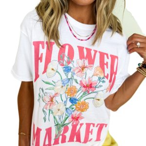 Women's White FLOWER MARKET Graphic T-Shirt - Casual Floral Print Tee - Main View