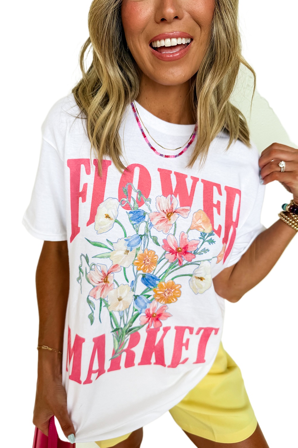 Women's White FLOWER MARKET Graphic T-Shirt - Casual Floral Print Tee - Main View