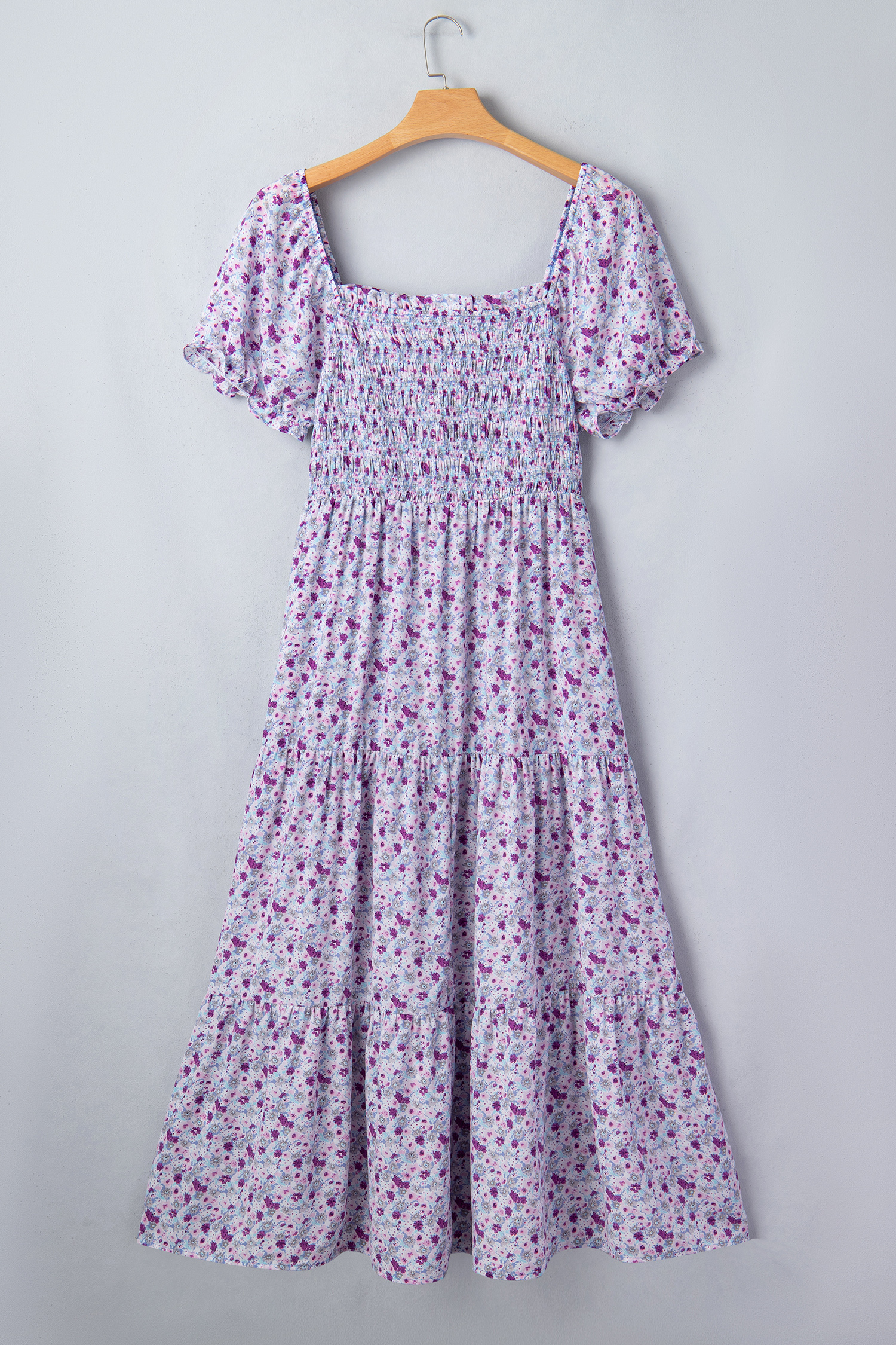 Elegant Floral Smocked Maxi Dress for Women – Purple Square Neck High Waist Dress, Southern Belle Style Summer Gift - Detail View 3