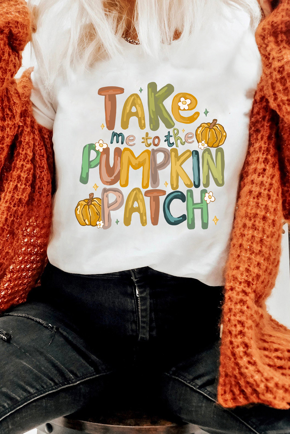 Relaxed Fit White Cotton Blend Tee with Pumpkin Patch Slogan - Summer to Fall Style - Detail View 7
