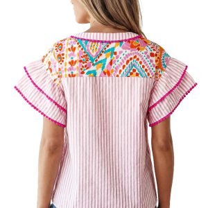 Women's Boho Mixed Print Blouse – Short Sleeve Striped Patchwork Top with Ruffle Detail - Main View