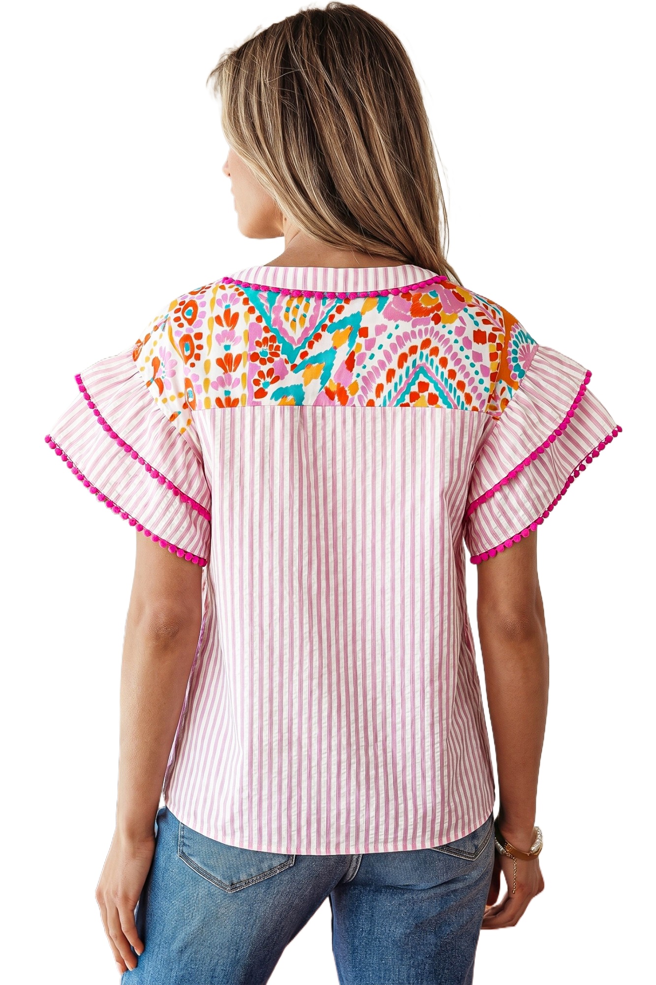 Women's Boho Mixed Print Blouse – Short Sleeve Striped Patchwork Top with Ruffle Detail - Main View
