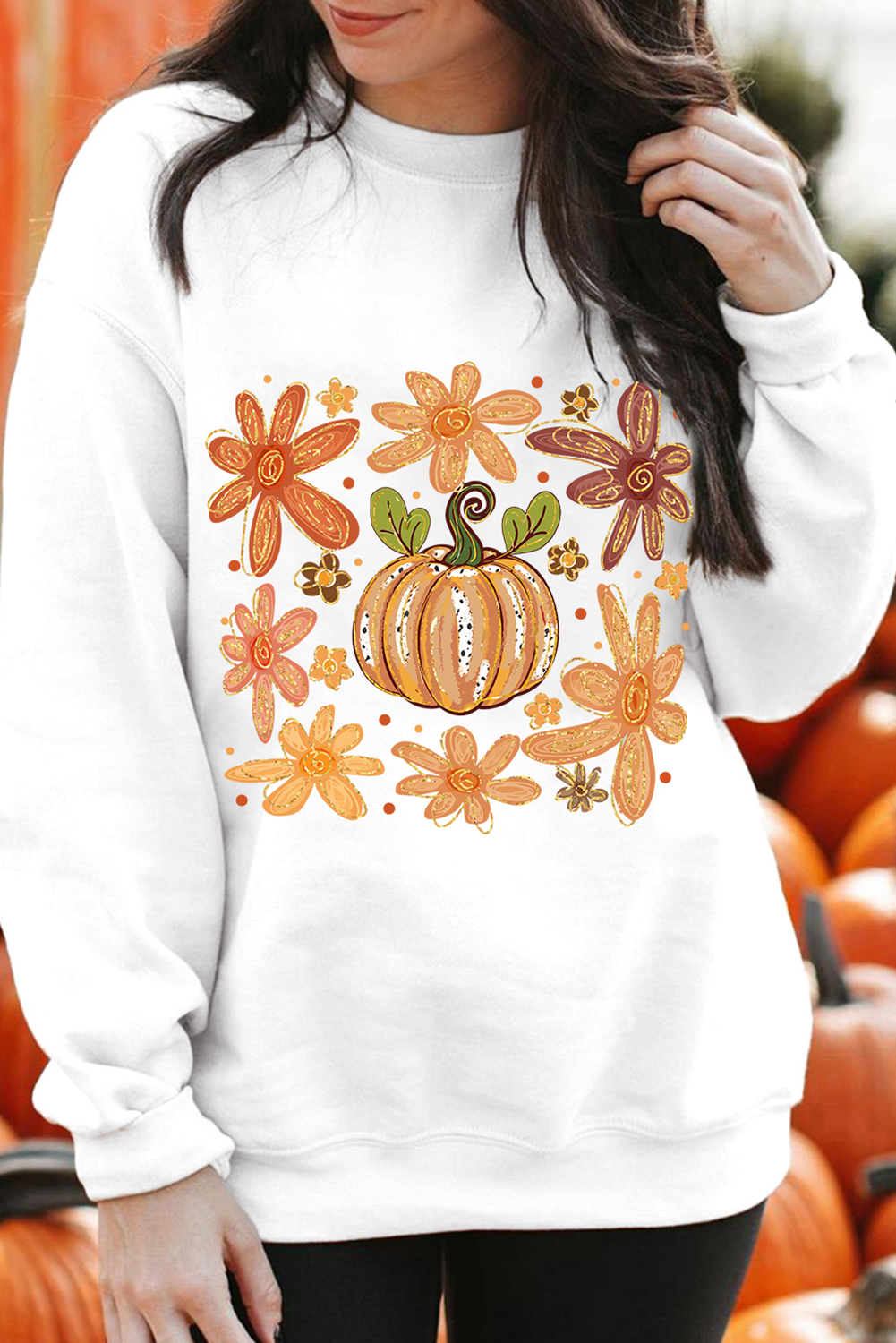 Chic Floral & Pumpkin Graphic Pullover - Perfect for Fall Fashion - Detail View 2