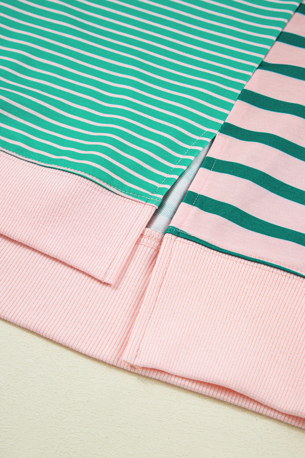 Plus Size Green Stripe Color Block Exposed Seam Sweatshirt for Women - Detail View 9