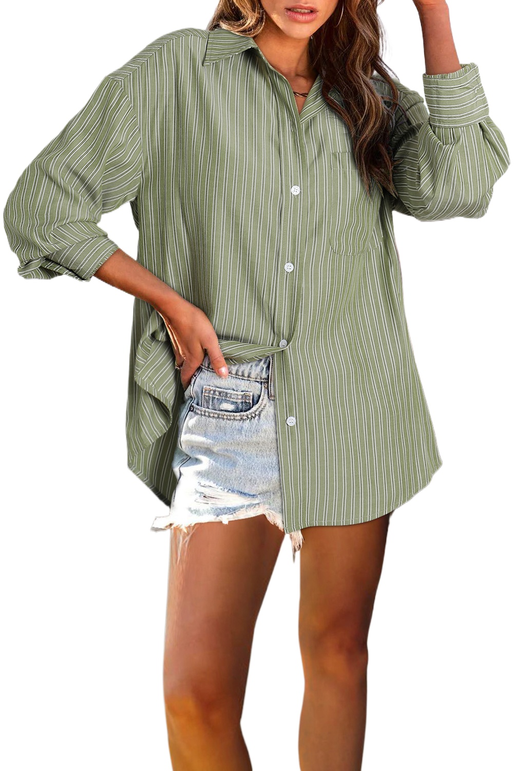 Women's Green Stripe Button Up Oversized Casual Shirt - Trendy Long Sleeve Tunic - Main View