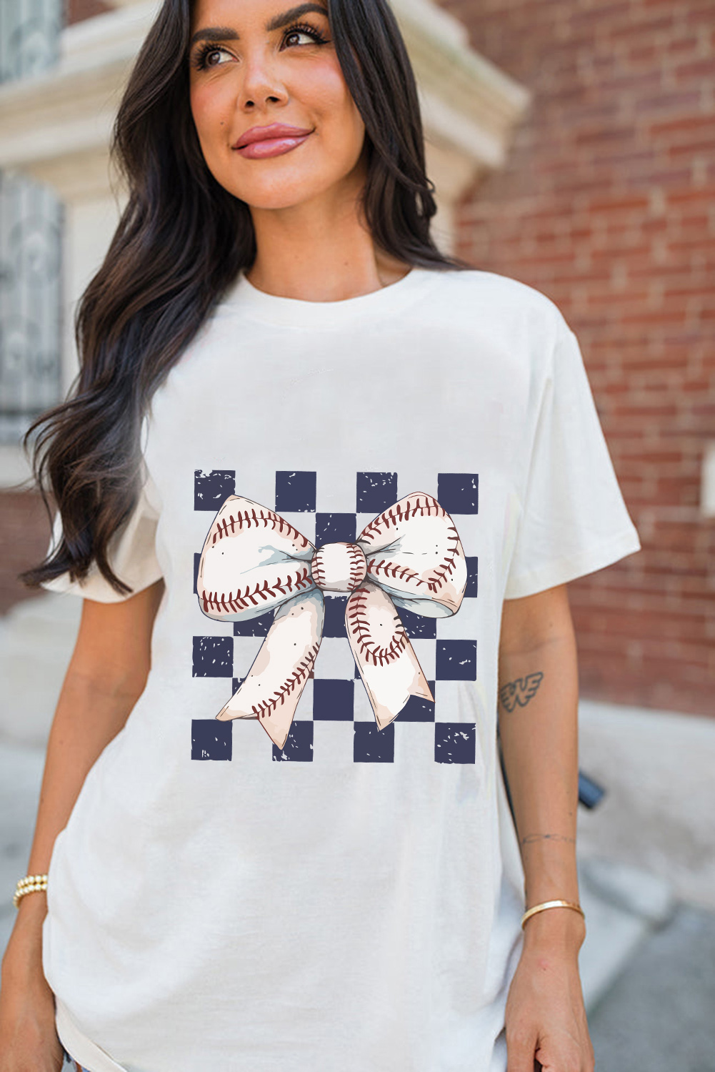 Trendy Women’s Graphic Tee: Cute Bowknot Design and Sporty Checkered Print - Detail View 6
