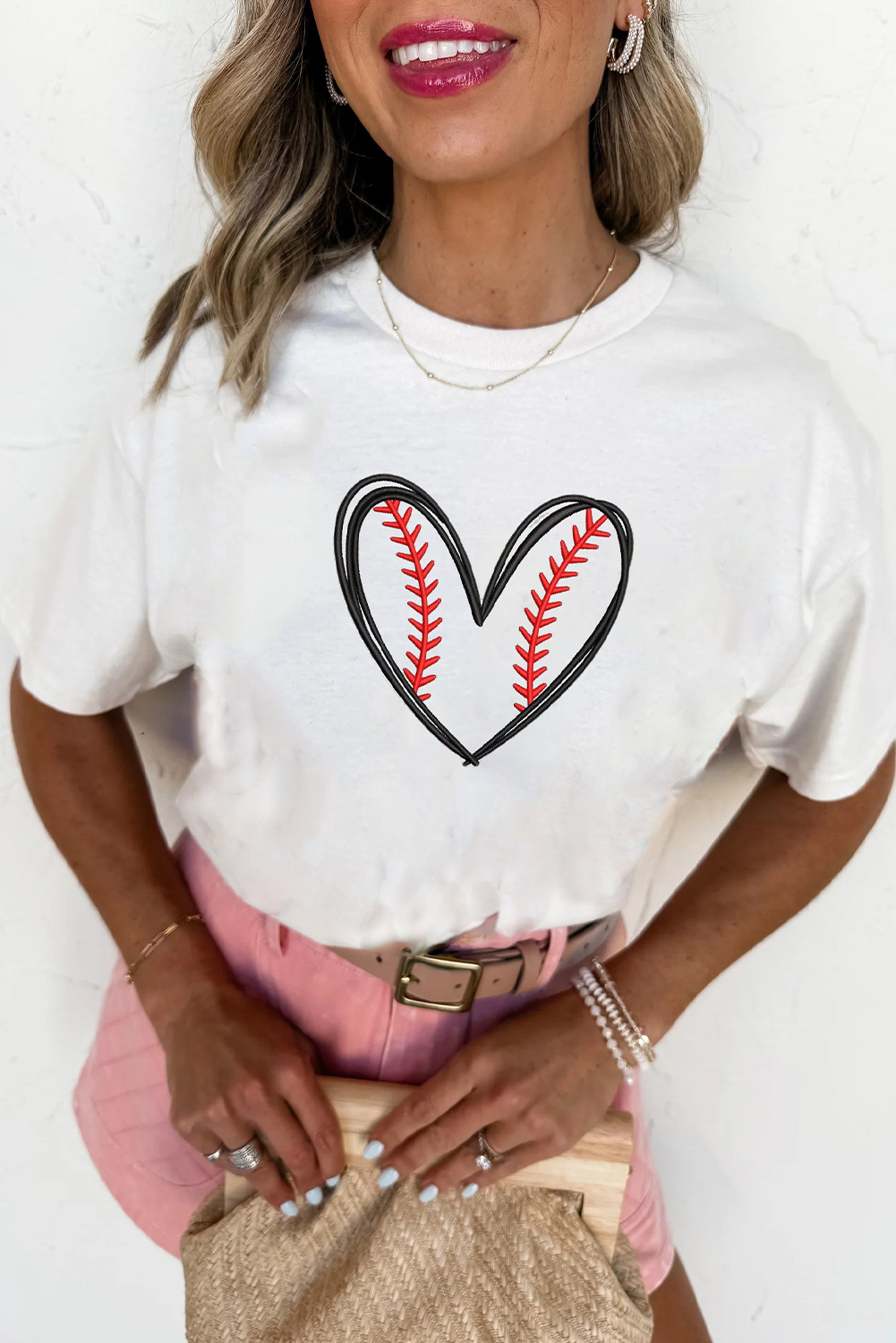 Women's White Graphic Tee with Baseball Heart Shape Embroidery - Detail View 5