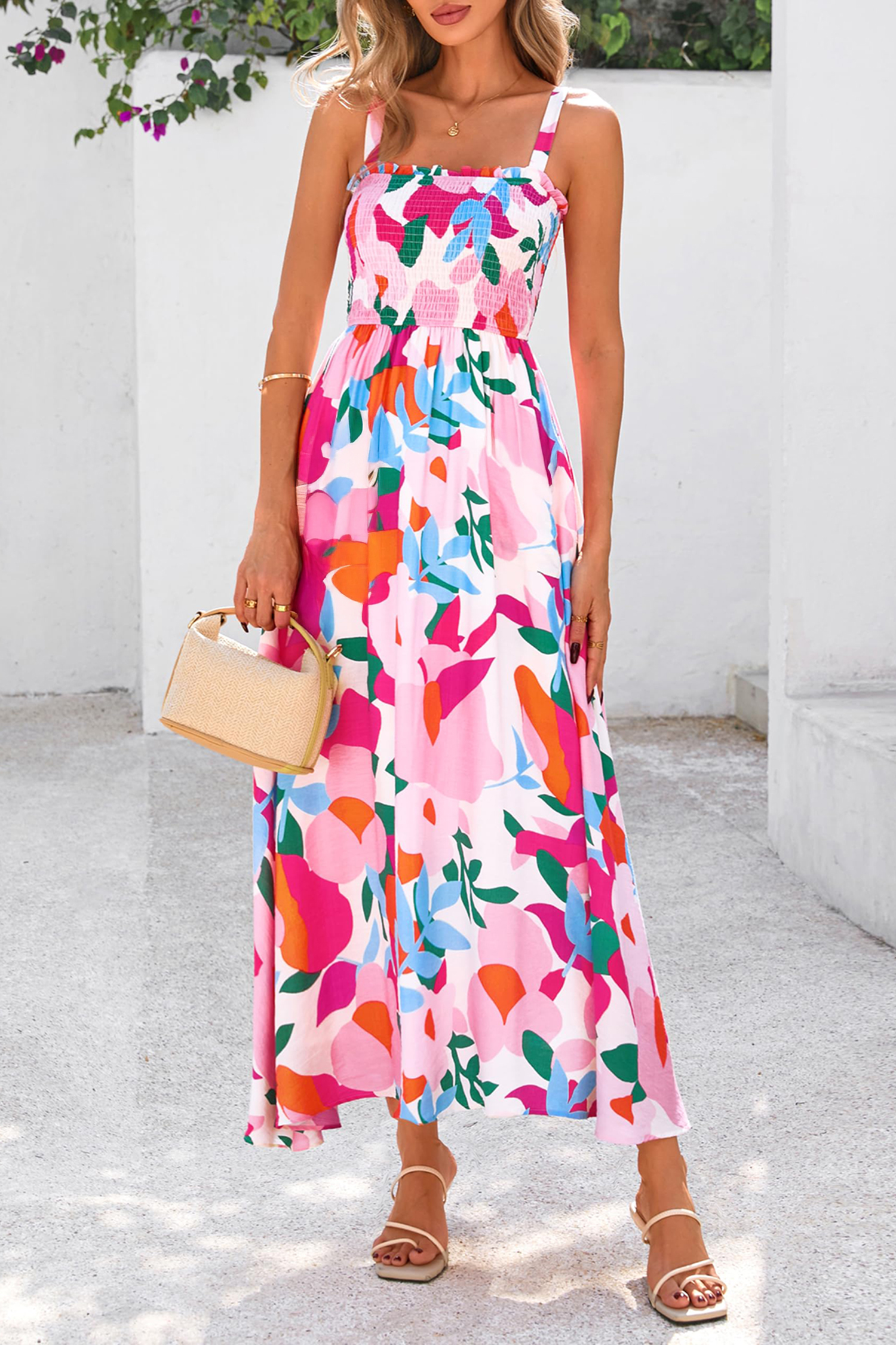 Pink Floral Summer Sundress for Women – Sleeveless Smocked Midi Dress, Casual Beach Vacation Outfit - Detail View 5