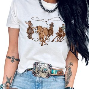 Women's White Retro Cowboy Roping Graphic Tee - Casual Summer Top - Main View