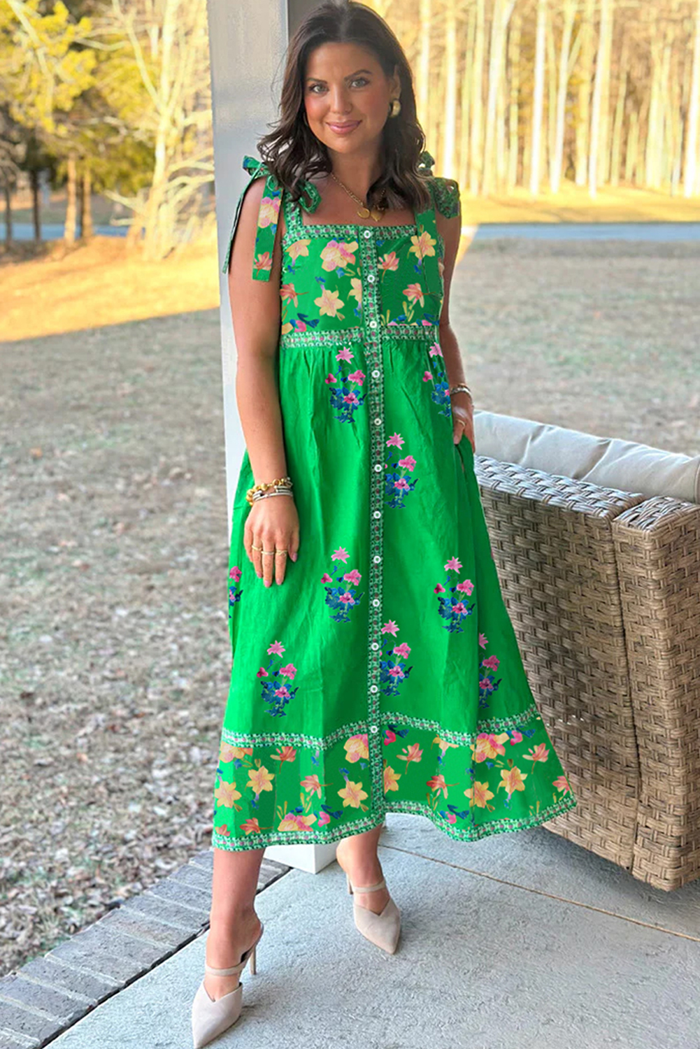 Charming Summer Midi Dress with Knotted Straps and Floral Print - Perfect for Vacation and Daily Wear - Detail View 7