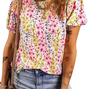 Feminine Pink Floral Puff Short Sleeve Crewneck Blouse for Summer - Main View