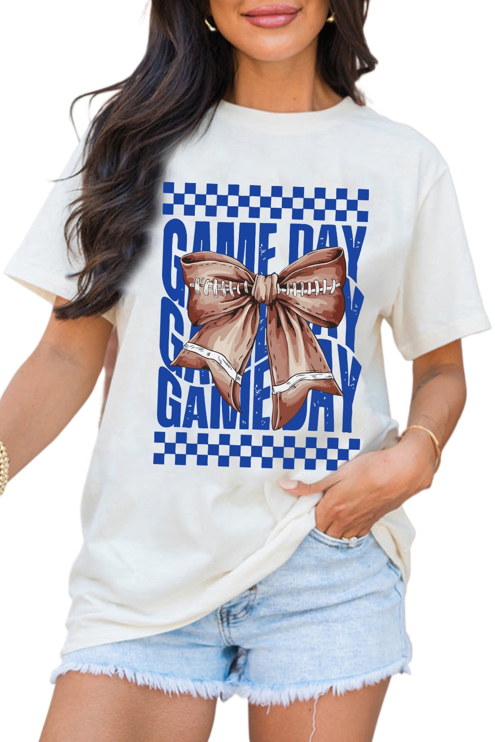 Women's White GAME DAY Graphic Tee with Rugby Bowknot - Casual Summer Shirt - Main View