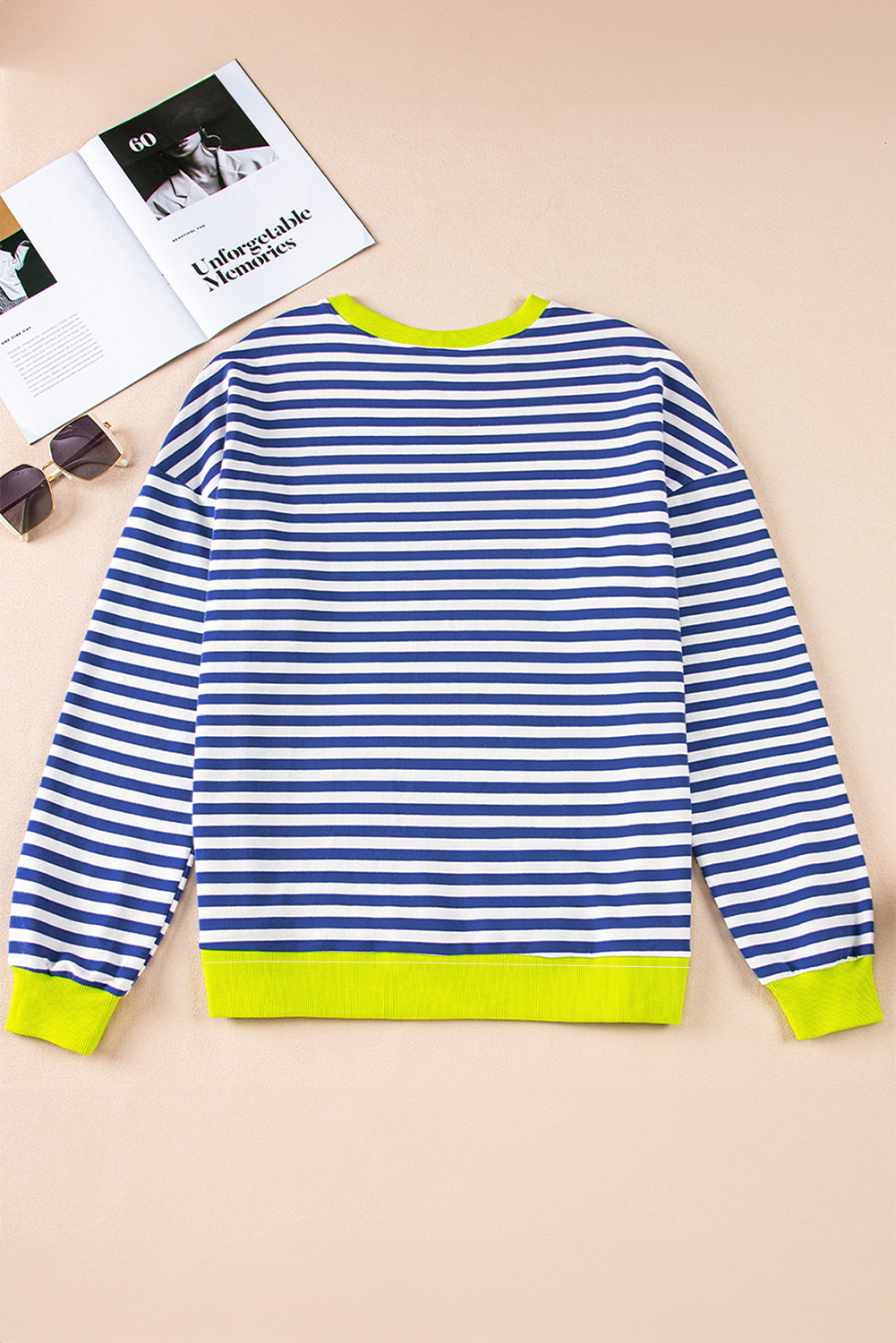Women's Sky Blue Striped Contrast Ribbed Trim Drop Shoulder Sweatshirt - Detail View 9
