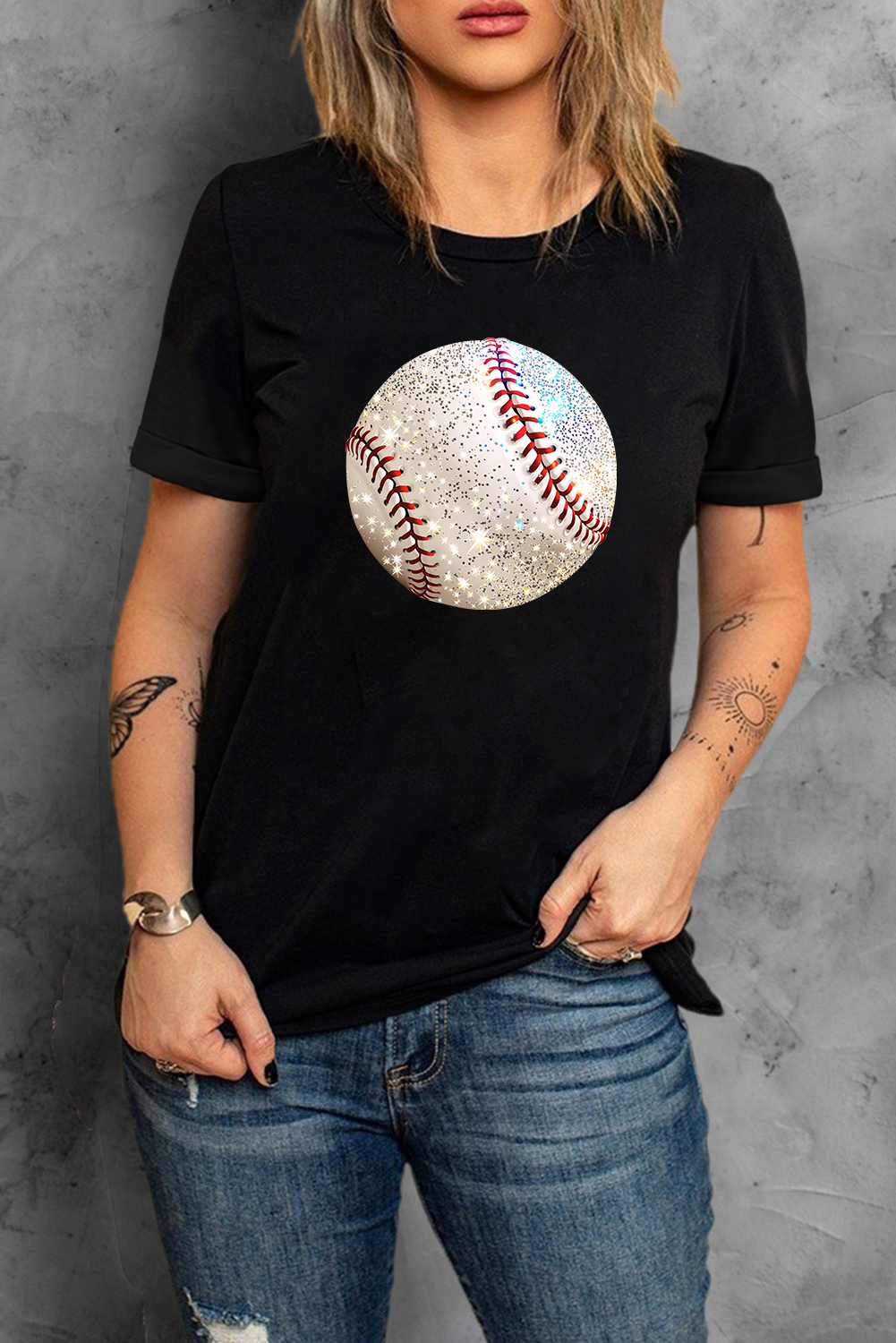 Women's Graphic Tee, Black T-Shirt, Baseball Print, Cotton Blend, Casual Wear, Soft and Breathable, Short Sleeve, Round Neck, Daily Outfit, Game Day, Comfortable Fit, Versatile Style, Tops, Graphic Tees - Detail View 8