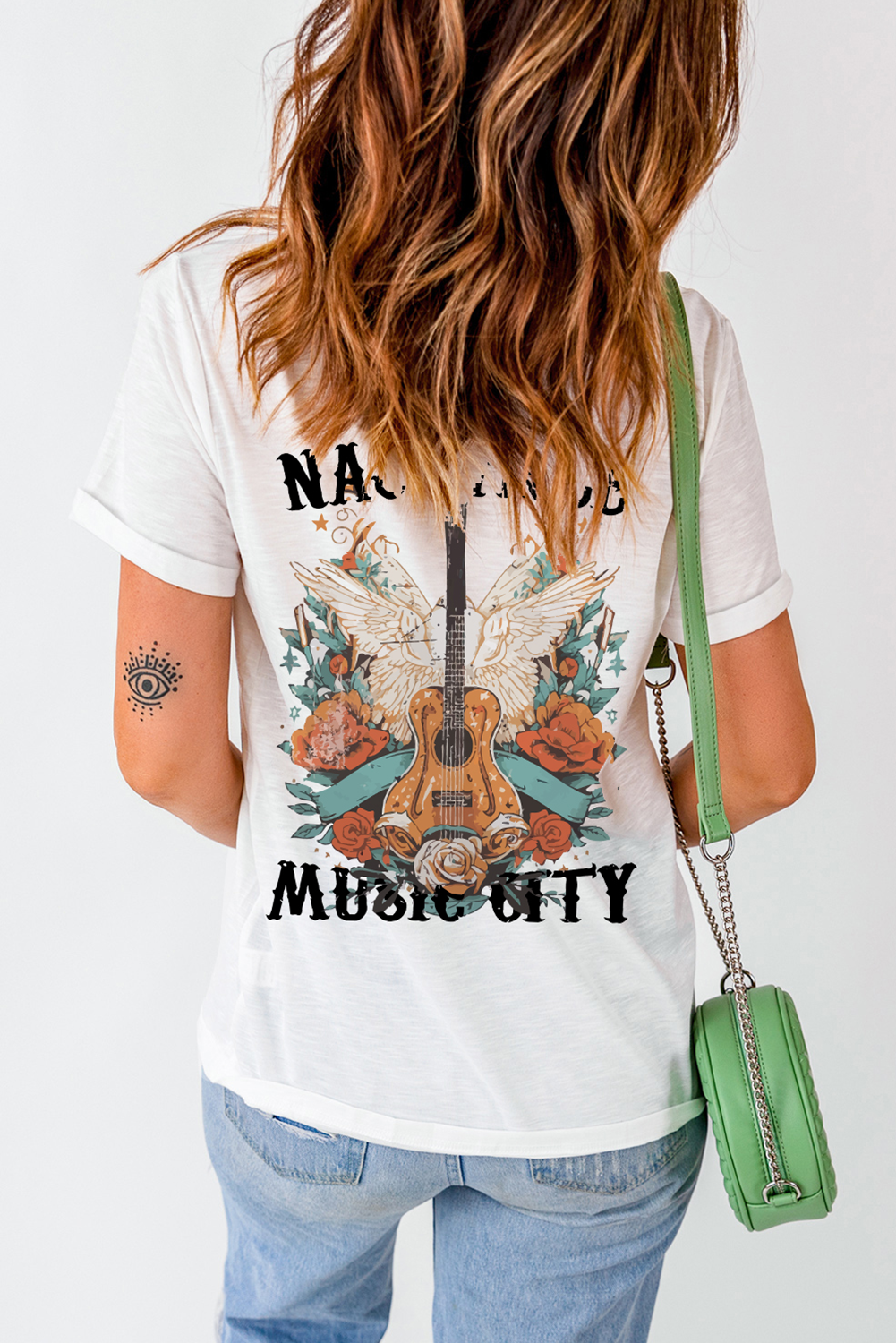 Women's Graphic Tee, Nashville Music City, Guitar Wings, Casual Style, Short Sleeve, Round Neck, Comfortable Fabric, Daily Wear, Summer Fashion, Music Inspired, Concert Outfit, Festivals, Slogan Print, Unique Design - Detail View 8
