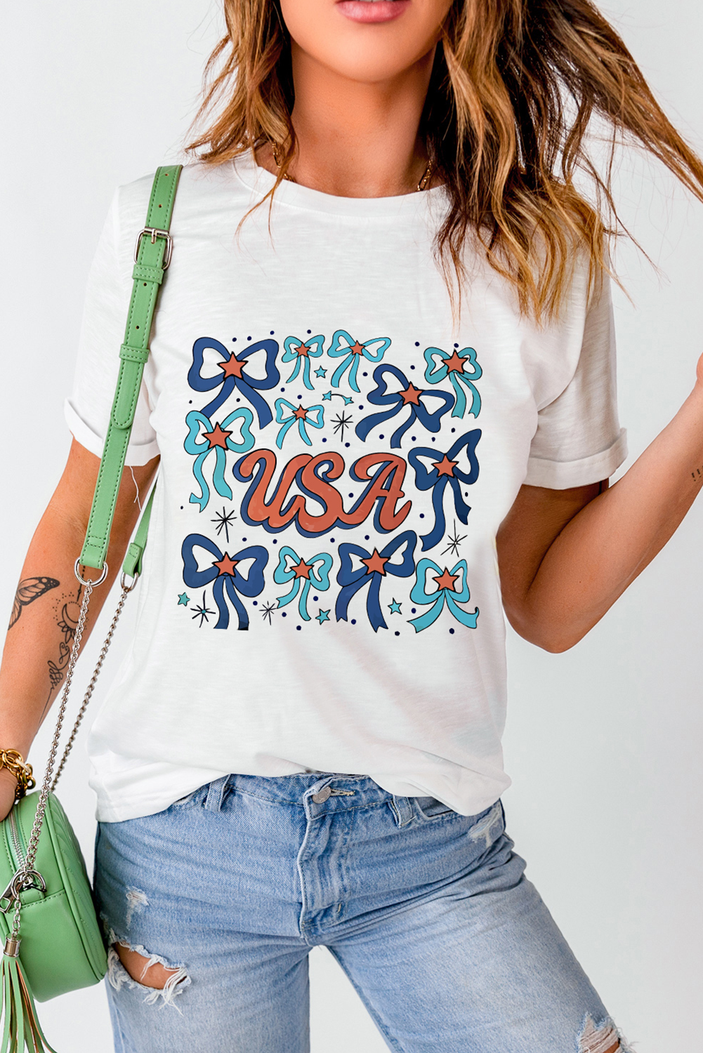 Cute Bow Print and USA Letter Pattern T-Shirt for Summer Celebrations - Detail View 6