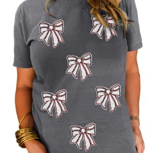Women's Gray Sequin Bow Baseball Graphic Tee - Casual Summer Top - Main View