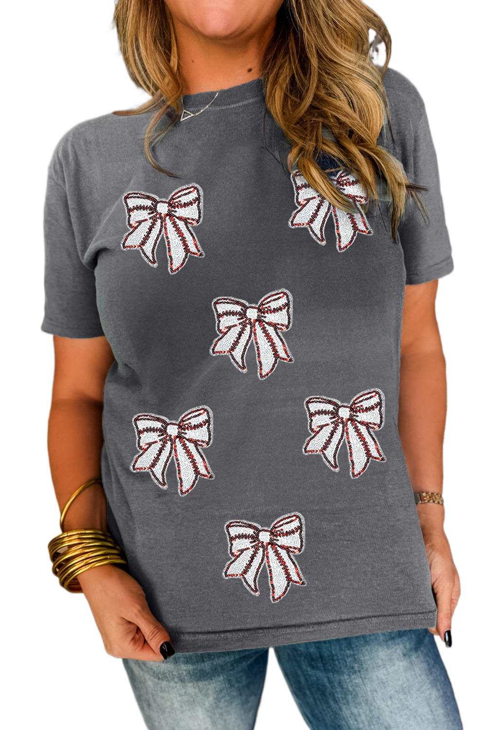 Women's Gray Sequin Bow Baseball Graphic Tee - Casual Summer Top - Main View