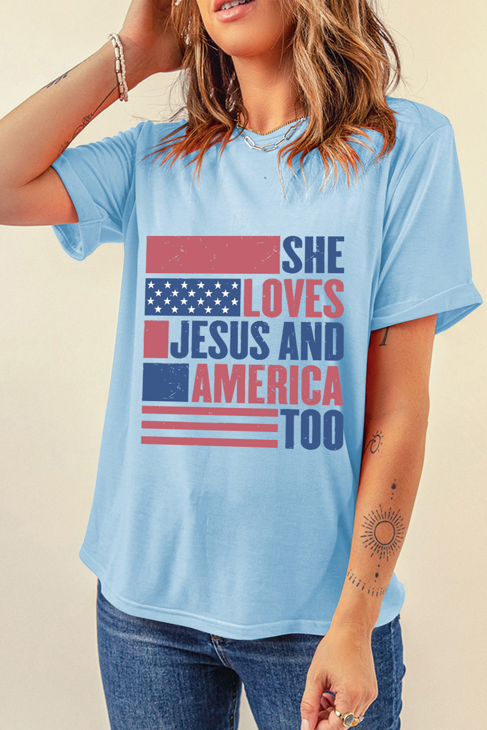 Women's Light Blue 'SHE LOVES JESUS AND AMERICA TOO' Flag Graphic T-Shirt - Detail View 9
