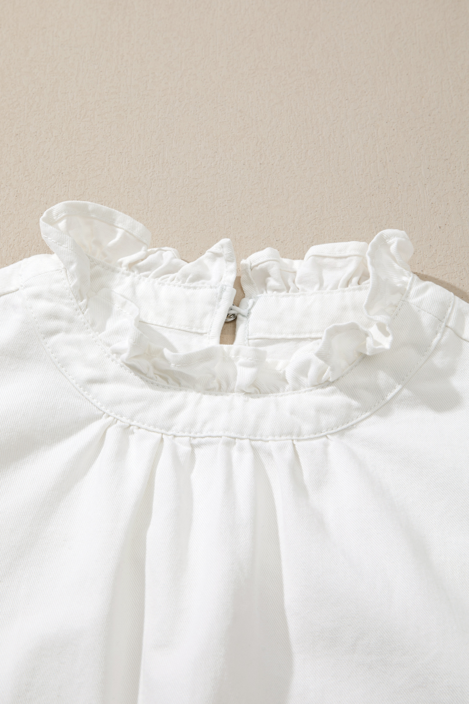 Women's White Denim Flutter Sleeve Top – Elegant Round Neck Blouse with Raw Hem for Daily Wear - Detail View 10