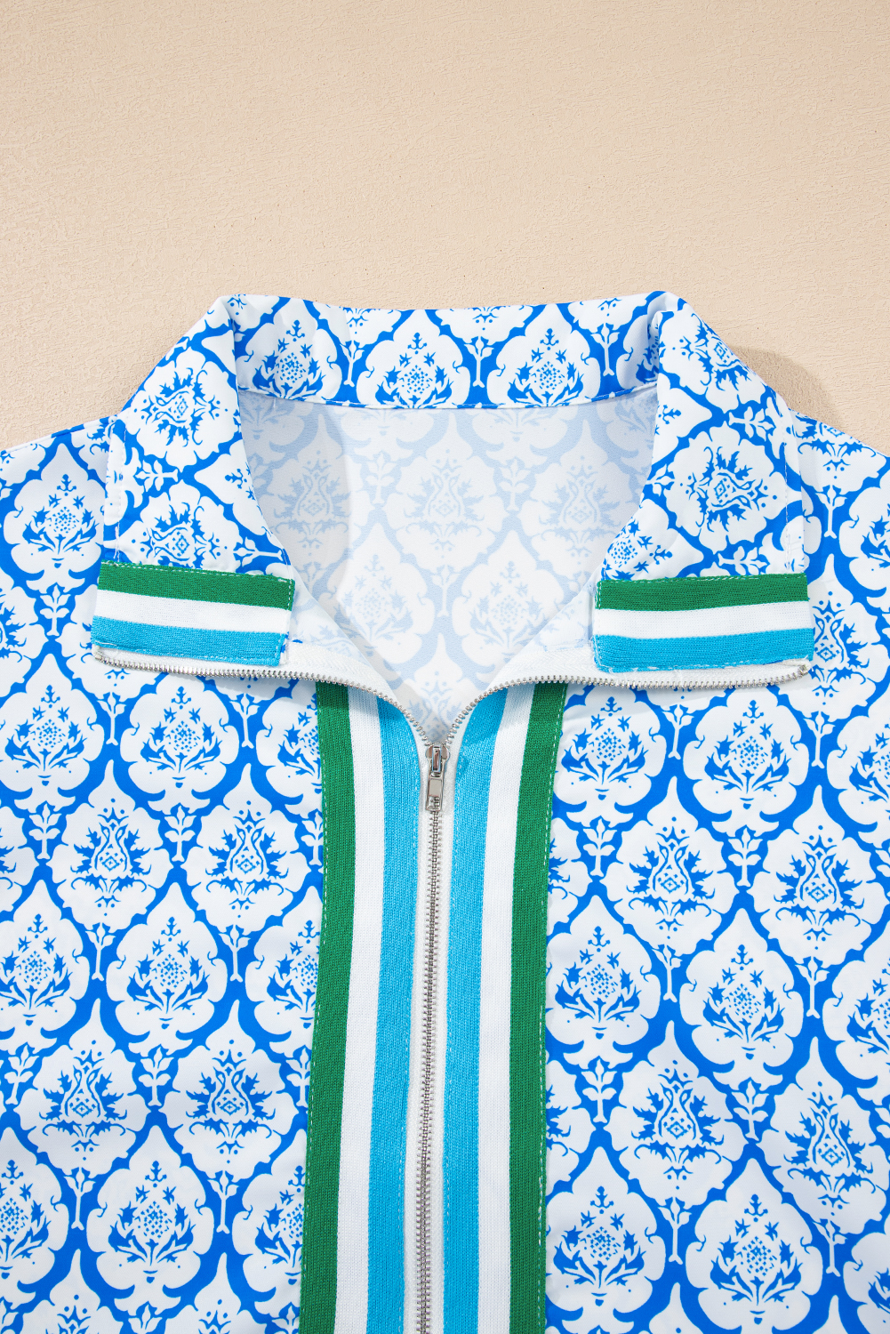 Women's Sky Blue Western Print Zipped Collar Short Sleeve Blouse - Elegant Summer Top - Detail View 5