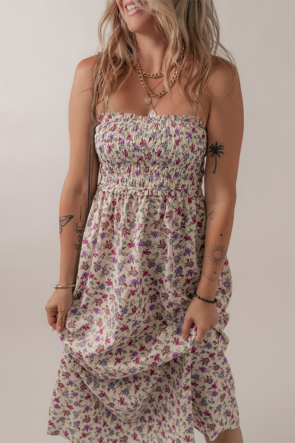 Women's Multicolour Bohemian Ditsy Floral Smocked Fit & Flare Sundress for Summer - Detail View 5