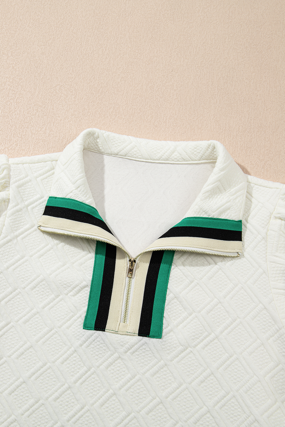 Women's Mini Dress, White Dress, Textured Jacquard, Colorblock Design, Puff Sleeves, Quarter Zip, Casual Style, Shift Silhouette, Summer Fashion, Contemporary Look, Daily Wear, Short Dress, Chic Design - Detail View 8