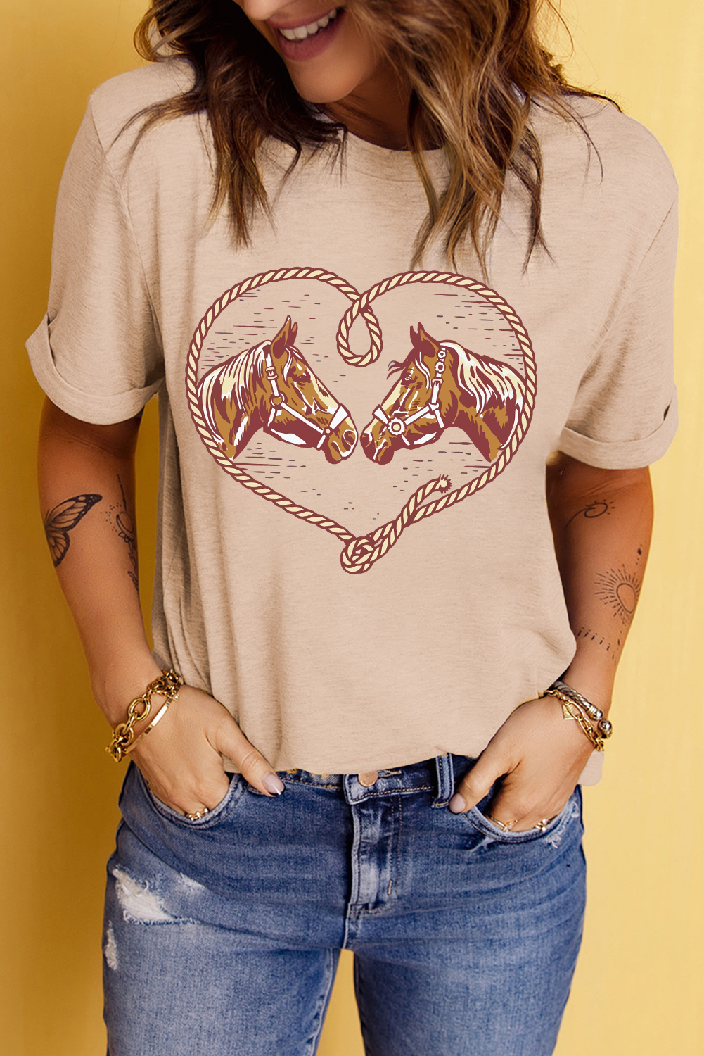 Soft Cotton Blend Khaki T-Shirt Featuring Horses - Ideal for Daily Wear - Detail View 7