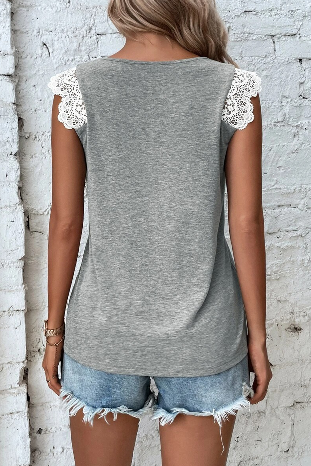 Chic Gray V Neck Tank Top with Delicate Lace Patchwork and Criss Cross Design - Detail View 2
