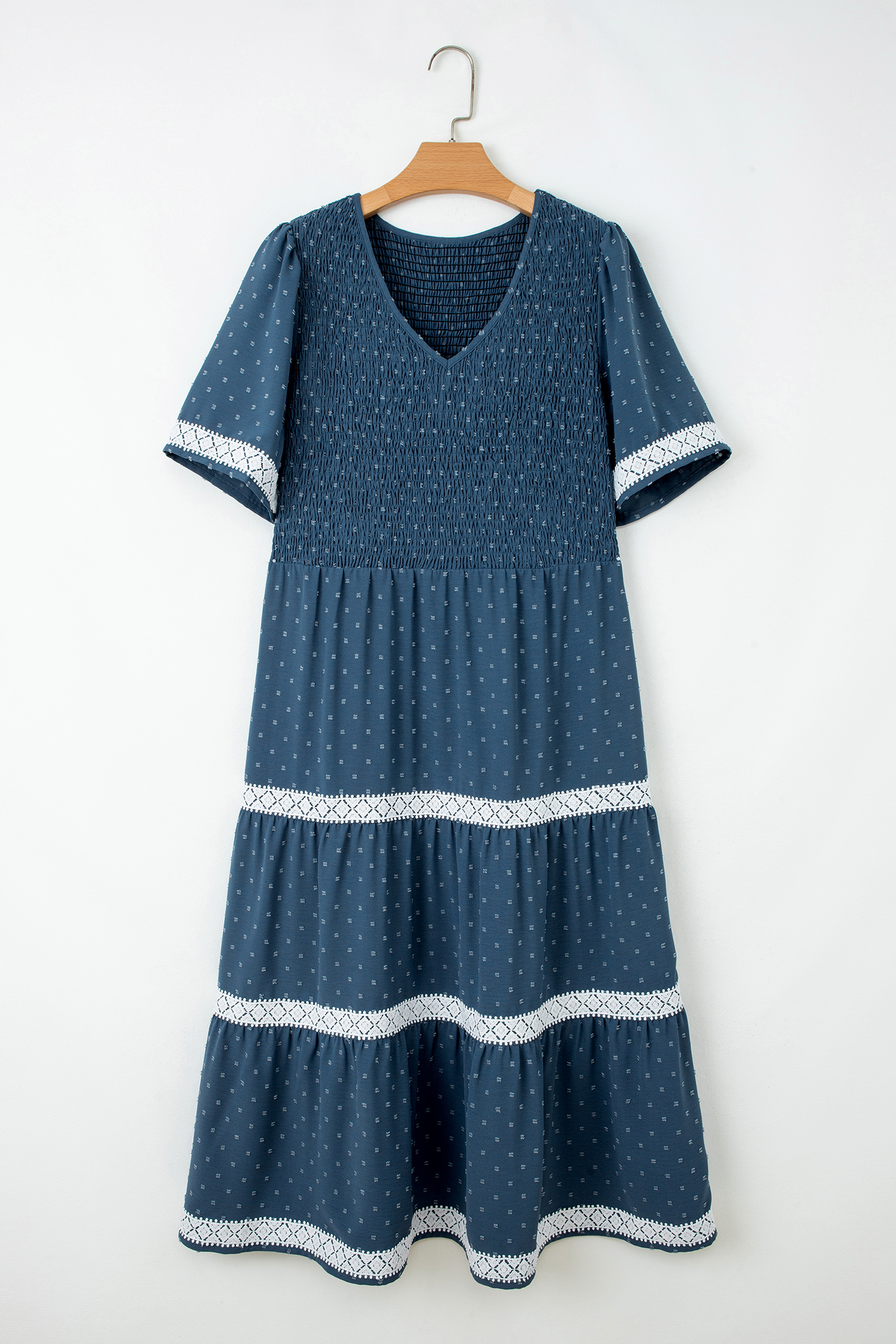 Women's Plus Size Swiss Dot Midi Dress – Dusk Blue V Neck Short Sleeve Casual A-Line Dress with Lace Patchwork - Detail View 7