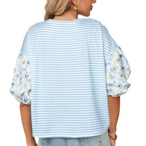 Women's Sky Blue Stripe Floral Puff Sleeve Drop Shoulder Top - Main View