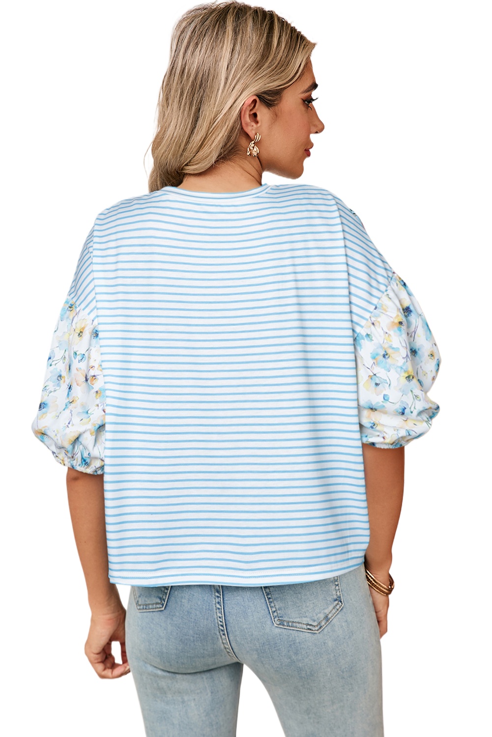 Women's Sky Blue Stripe Floral Puff Sleeve Drop Shoulder Top - Main View