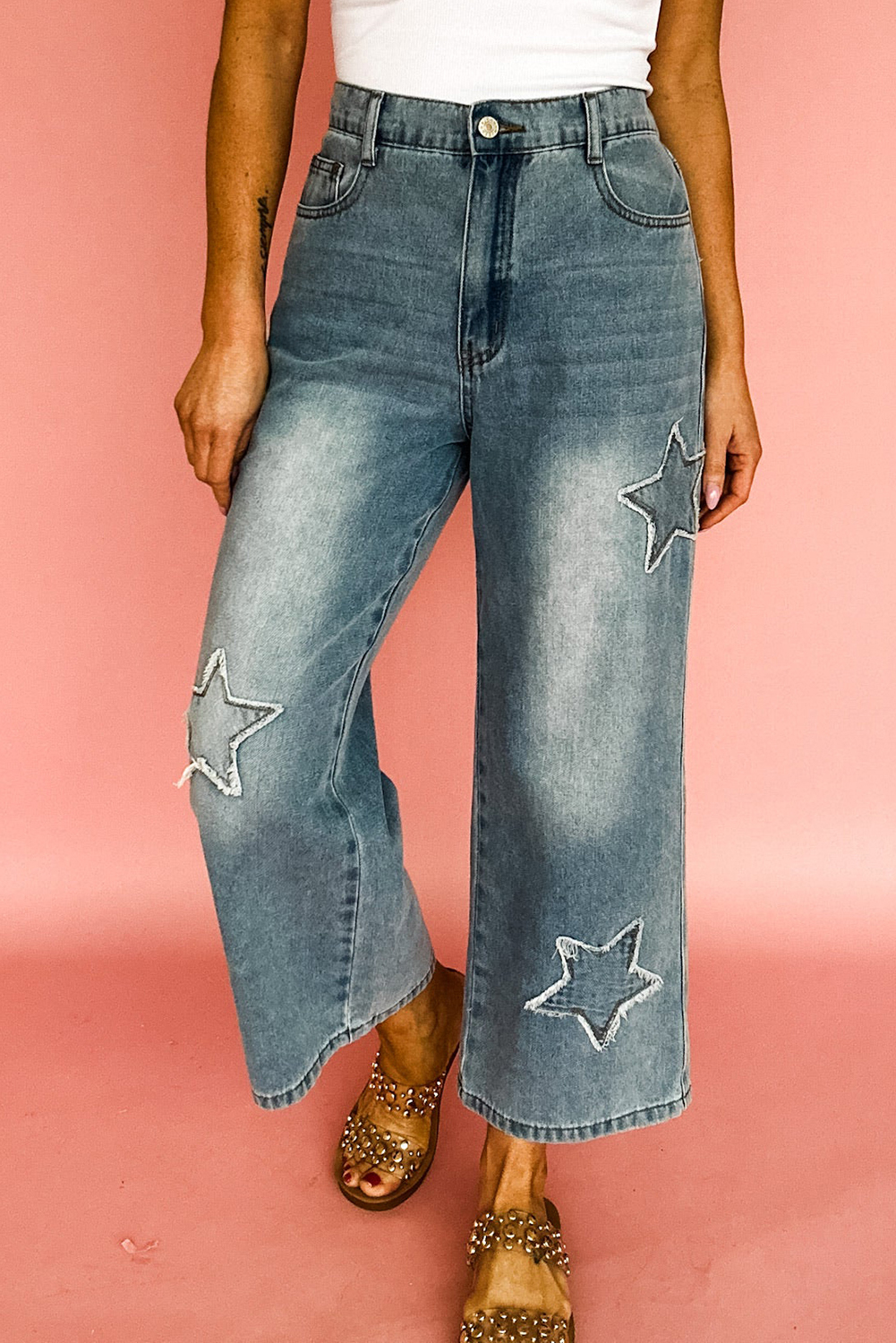 Women's Stone Blue High Waist Wide Leg Jeans with Star Patchwork Details - Detail View 5