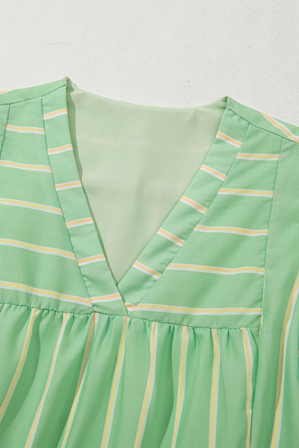 Women's Dress, Green Stripe, V Neck, Short Sleeve, A-Line, Frilled Details, Summer Dress, Casual Elegance, Lightweight Fabric, Mini Dress, High Waist, Daily Wear, Country Style - Detail View 8