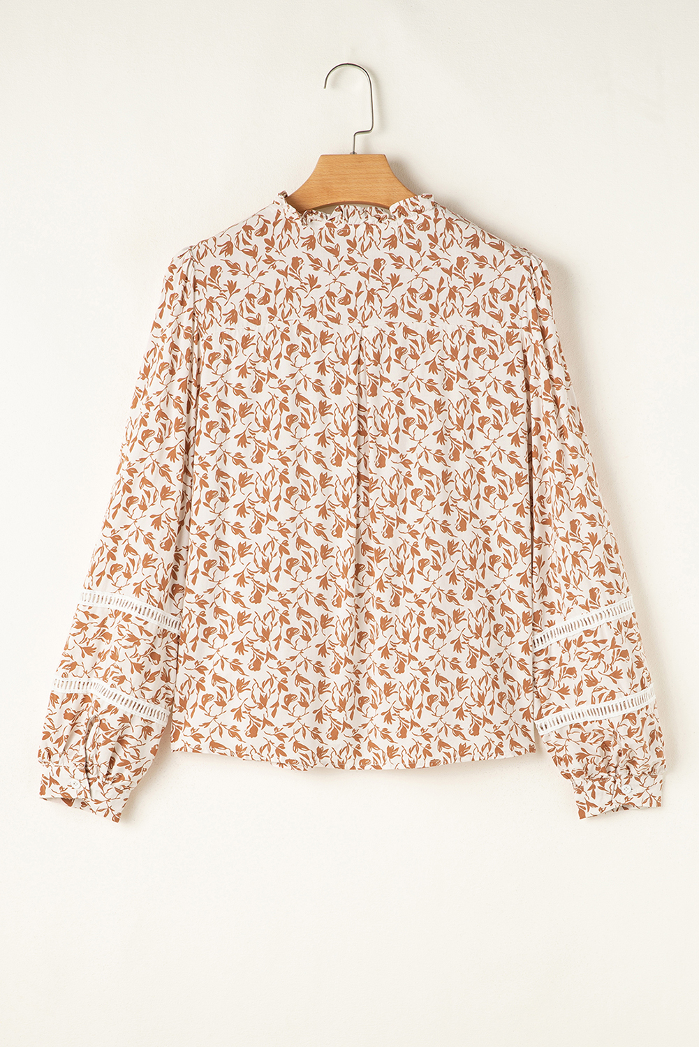 Women's Khaki Printed Floral Blouse with Lace Detail and Puff Sleeves - Detail View 5
