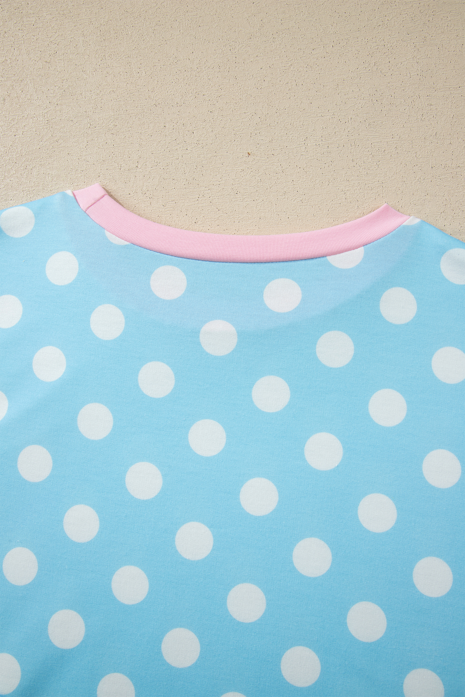 Retro Polka Dot Short Sleeve Lounge Set for Women – Colorblock Sky Blue Shift Top and High Waist Trousers - Detail View 5