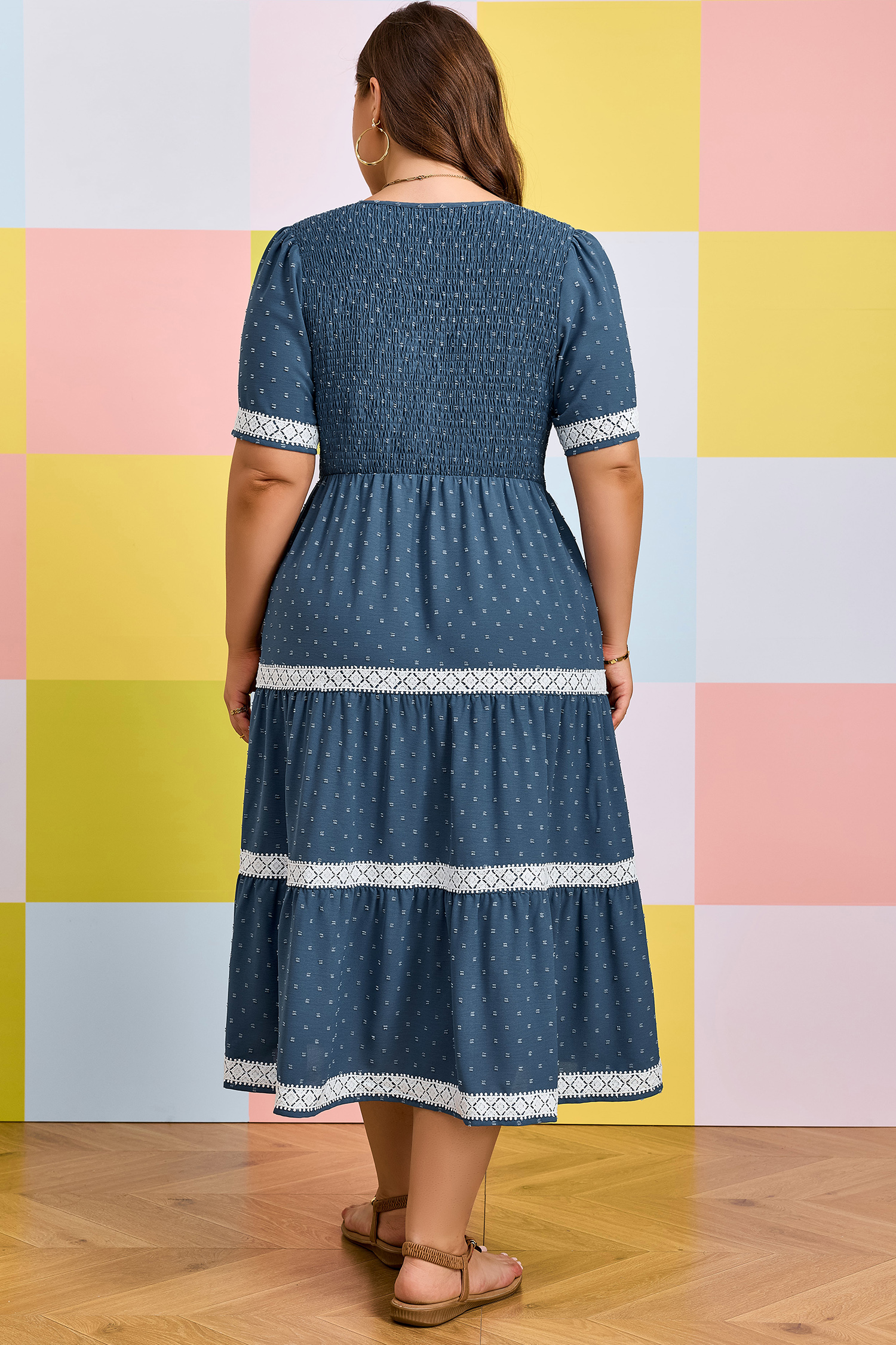 Women's Plus Size Swiss Dot Midi Dress – Dusk Blue V Neck Short Sleeve Casual A-Line Dress with Lace Patchwork - Detail View 16