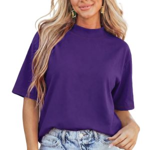 Women's Mock Neck Short Sleeve T-Shirt – Tillandsia Purple Casual Top with Contrast Stitching - Main View