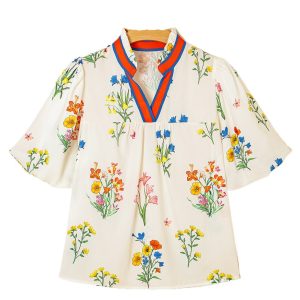 Chic Women's White Floral Short Puff Sleeve Contrast V Neck Blouse - Main View