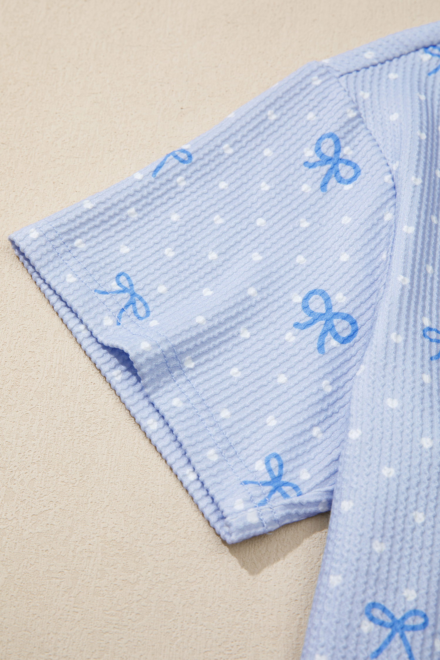 Casual Short Sleeve Ribbed Knit Set for Women - Sky Blue Heart Print Top and Shorts - Detail View 8