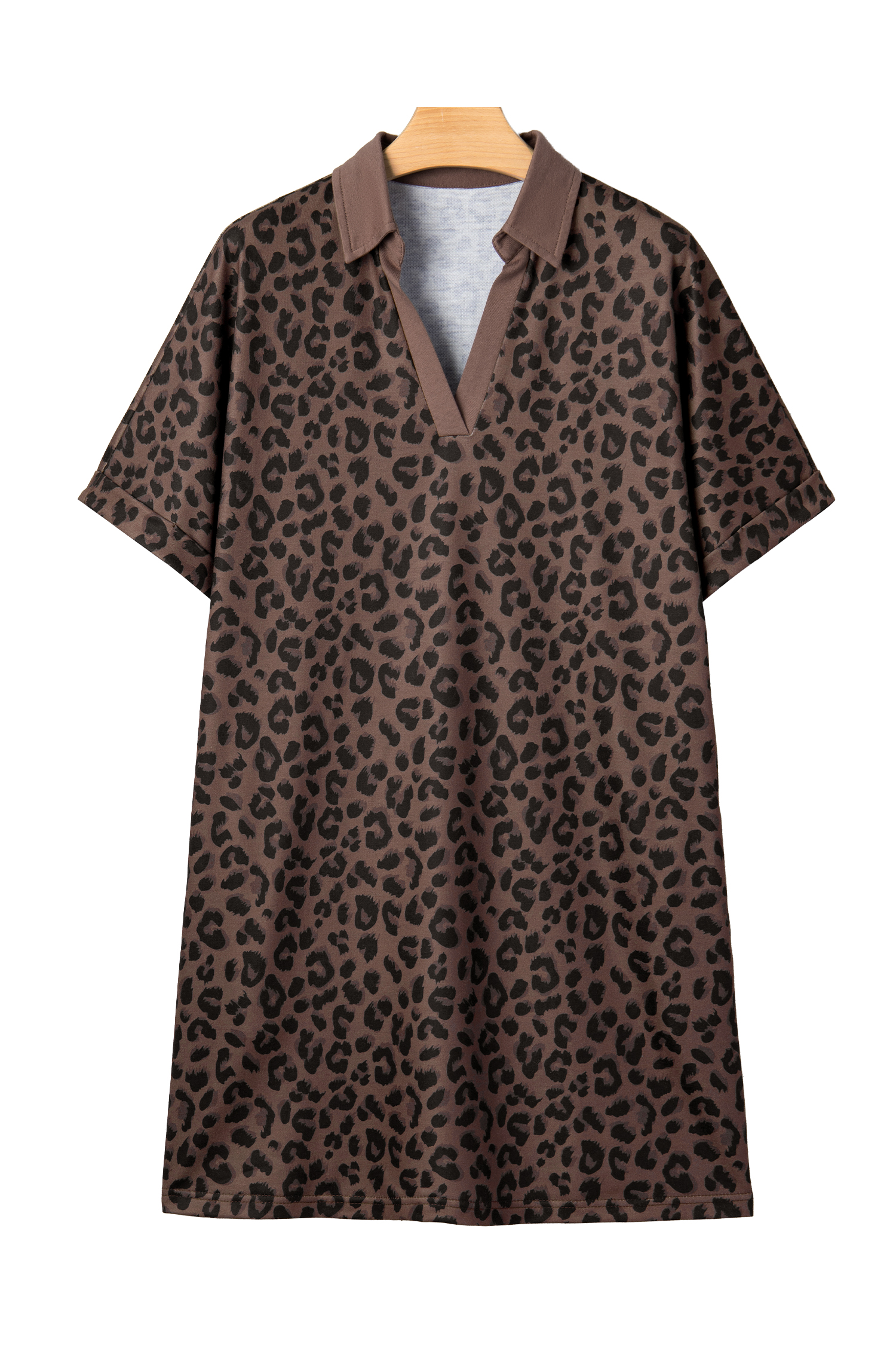 Women's Brown Leopard Print Mini Dress – Short Sleeve Shift Dress with Contrast Collar for Summer Daily Wear - Detail View 19